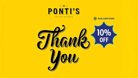 Ponti's gift card and logo on a yellow background