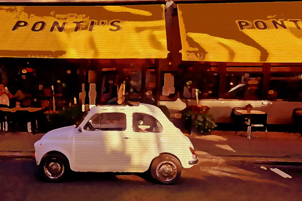 A Fiat 500 in front of Ponti's Italian Kitchen, Oxford Circus restaurant